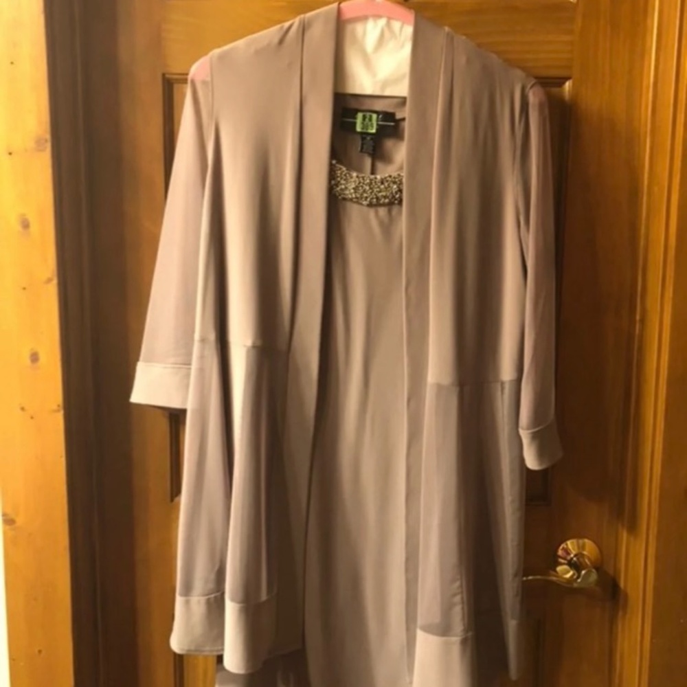 A&M Taupe Sleeveless Dress with 3/4 sleeve sheer shrug. Beautiful dresss